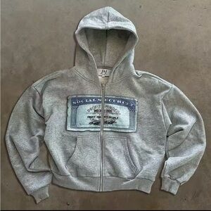 Gray Zip-Up Hoodie with Graphic Patch